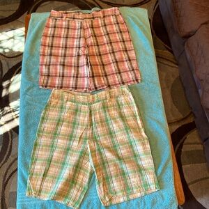 Chadwick’s Bermuda shorts, size 12. Pink/brown plaid and green/yellow plaid.